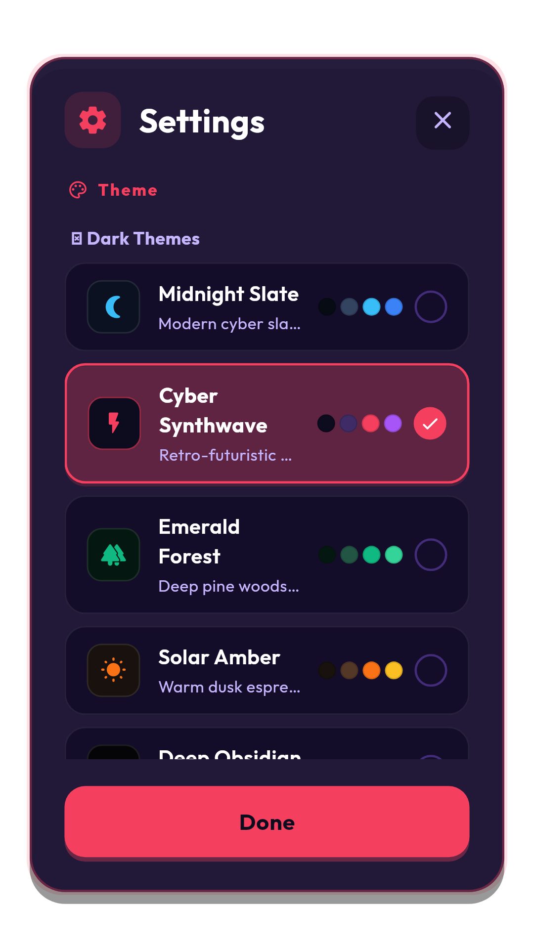 Settings and 8 Visual Themes
